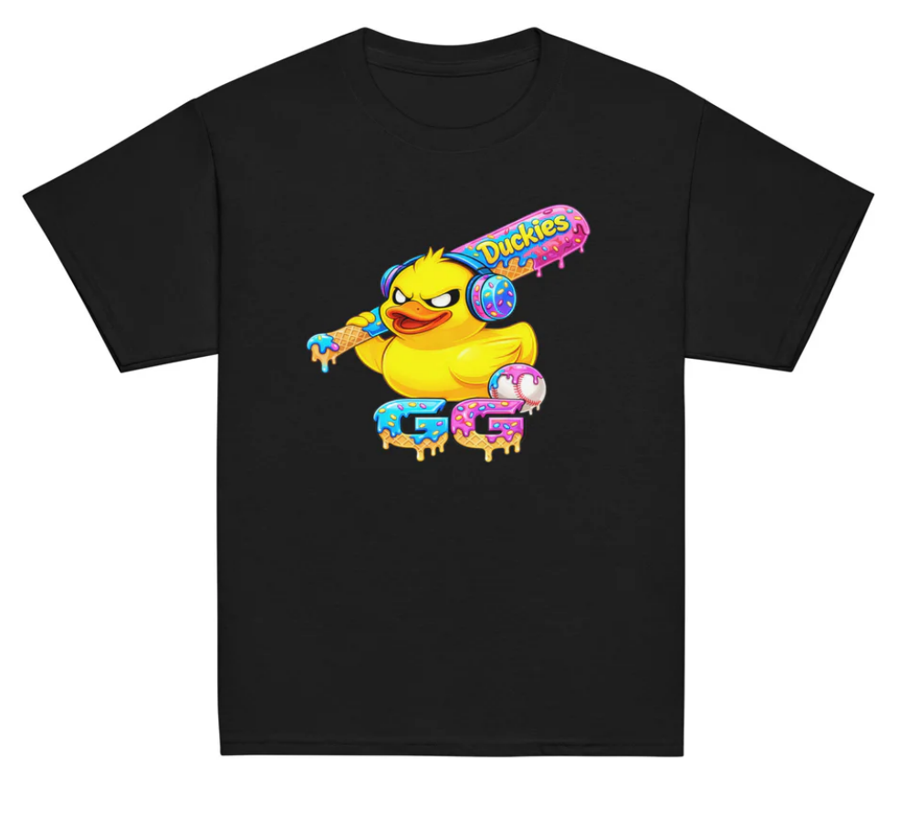 An incredibly cute looking angry yellow duck holding a pink and blue ice cream wrapped baseball bat with a matching GG and baseball under him.