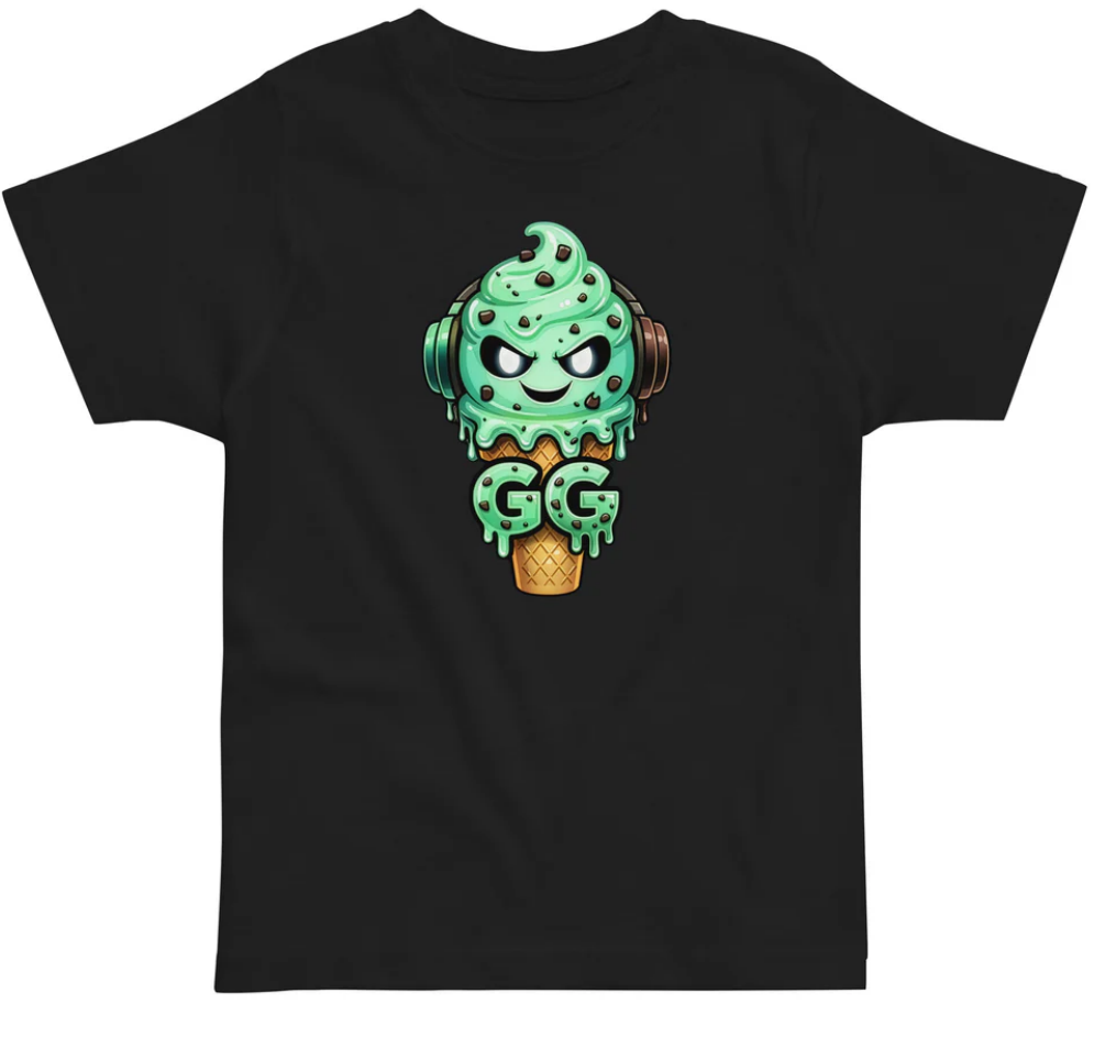 Mint Chip Ice Cream Cone Character with tilted angry cute white eyes, and GG