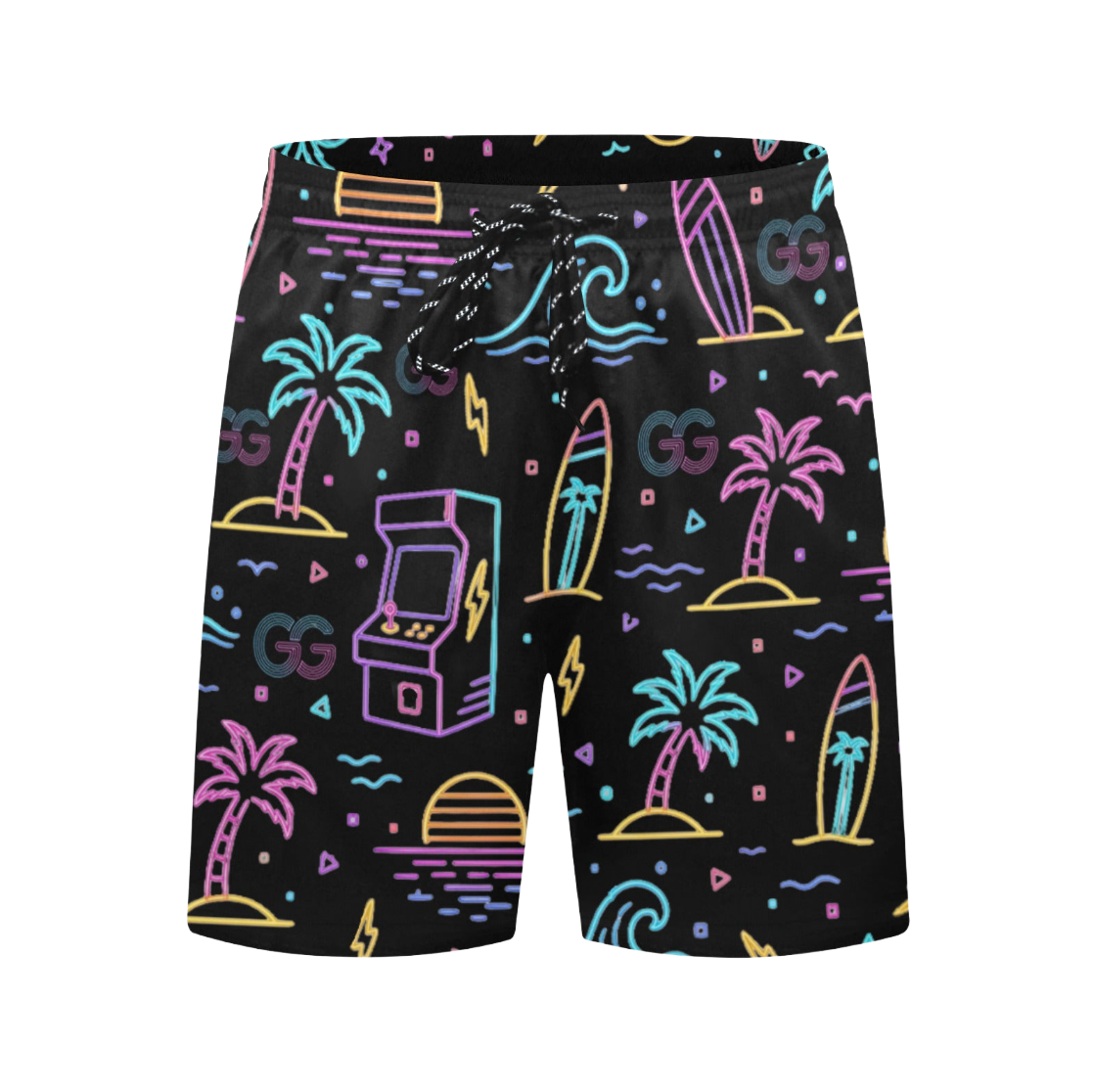 Retro throwback arcade beach shorts featuring a neon sunset, and other neon icons, arcade machine, lightning bolts, surf boards, palm trees, and GG
