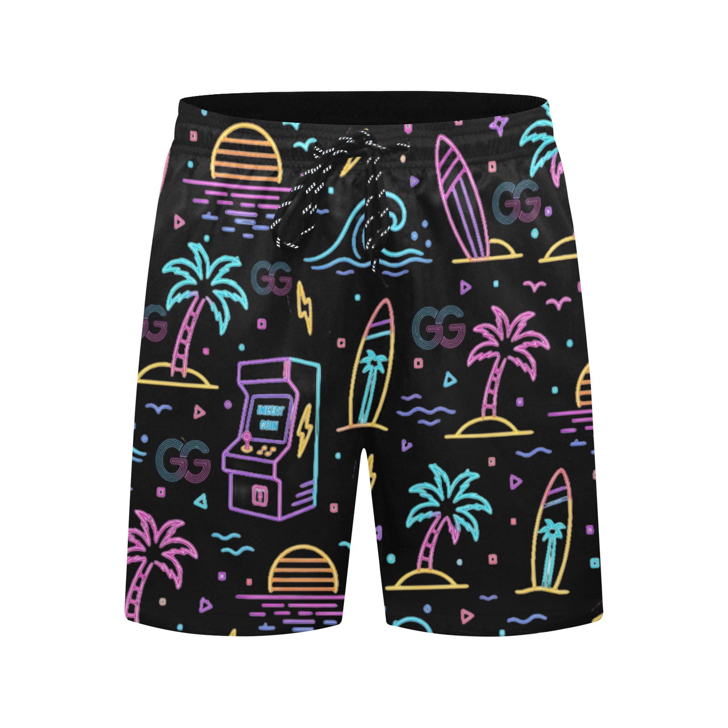 Retro throwback arcade beach shorts featuring a neon sunset, and other neon icons, arcade machine, lightning bolts, surf boards, palm trees, and GG