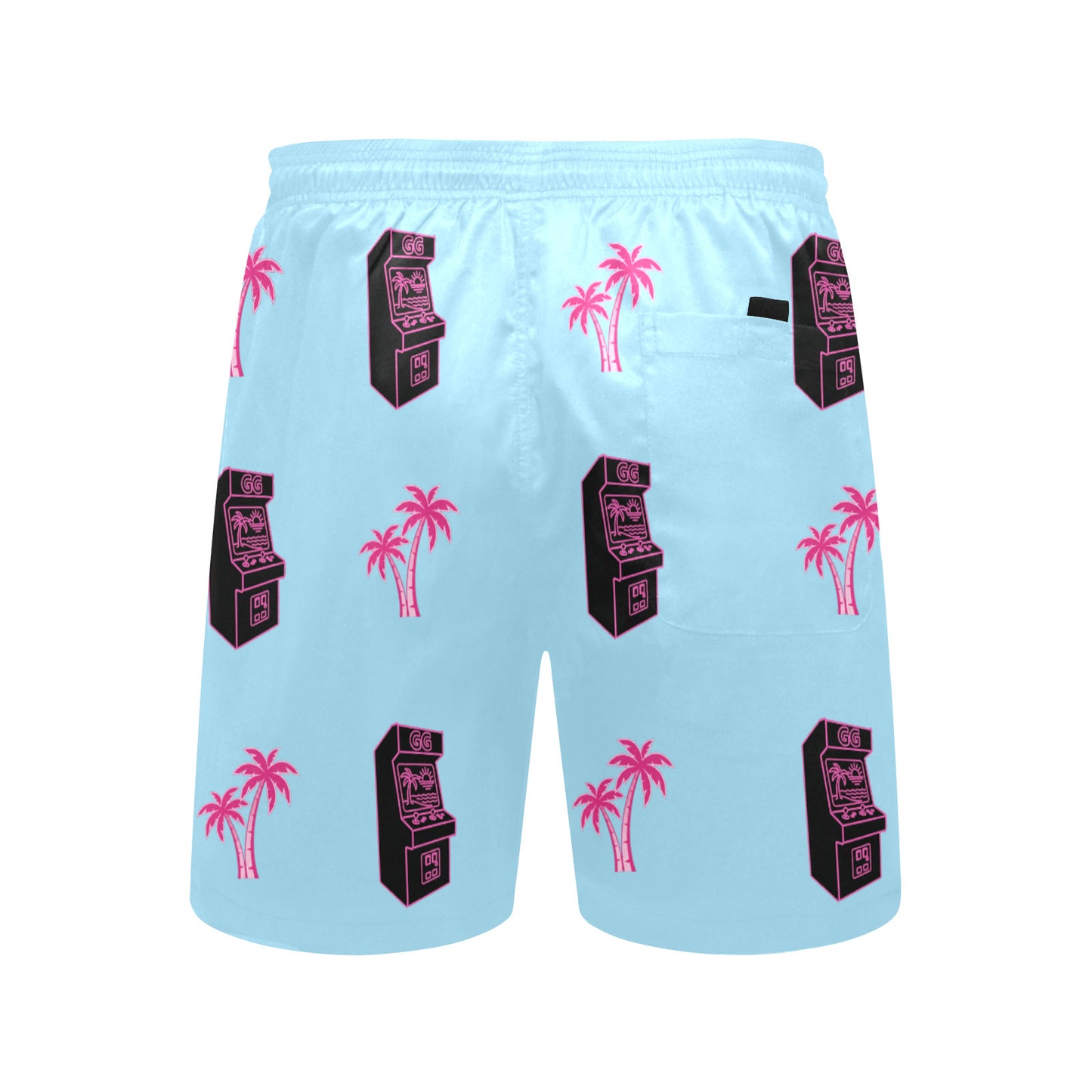 Retro Neon Pink Palm Tree Arcade Beach Shorts for Men