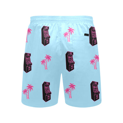 Retro Neon Pink Palm Tree Arcade Beach Shorts for Men