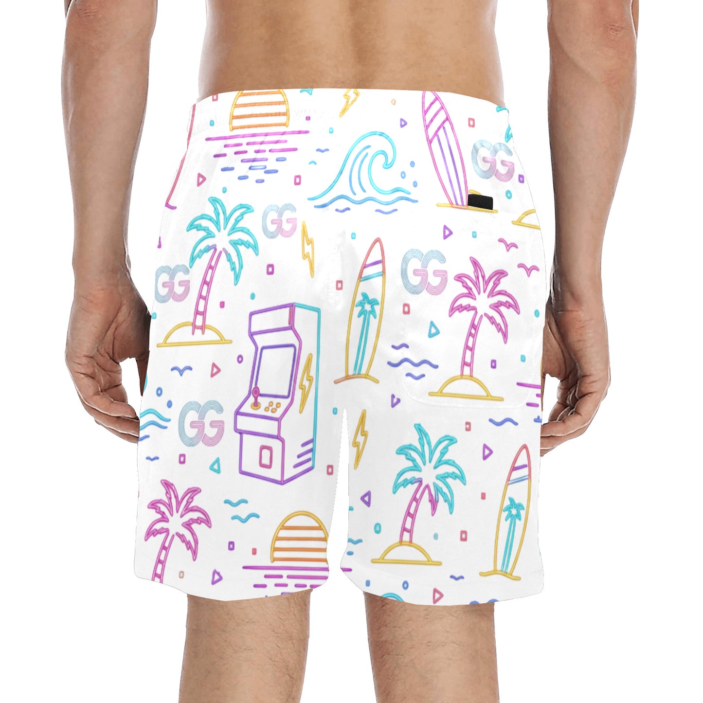 Retro Neon Arcade Gamer Beach Shorts For Men