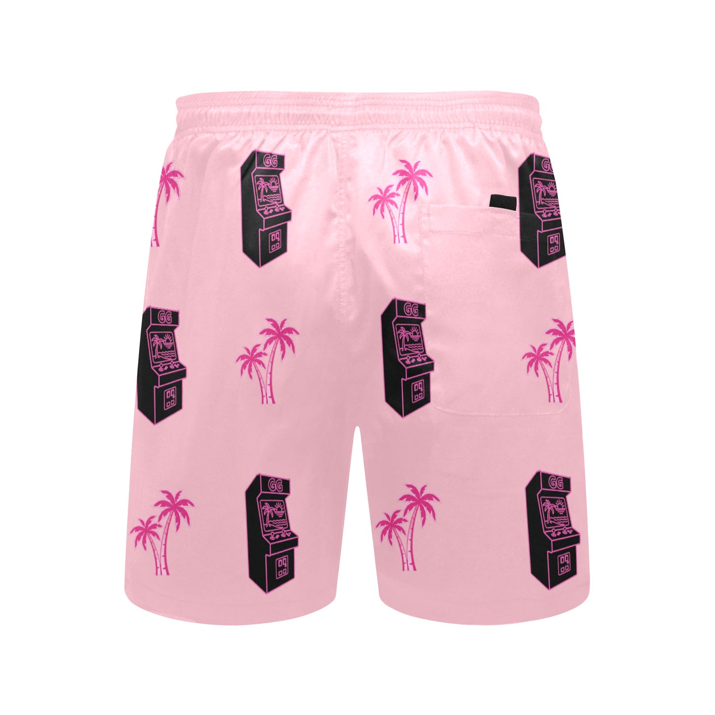 Retro Neon Pink Palm Tree Arcade Beach Shorts for Men