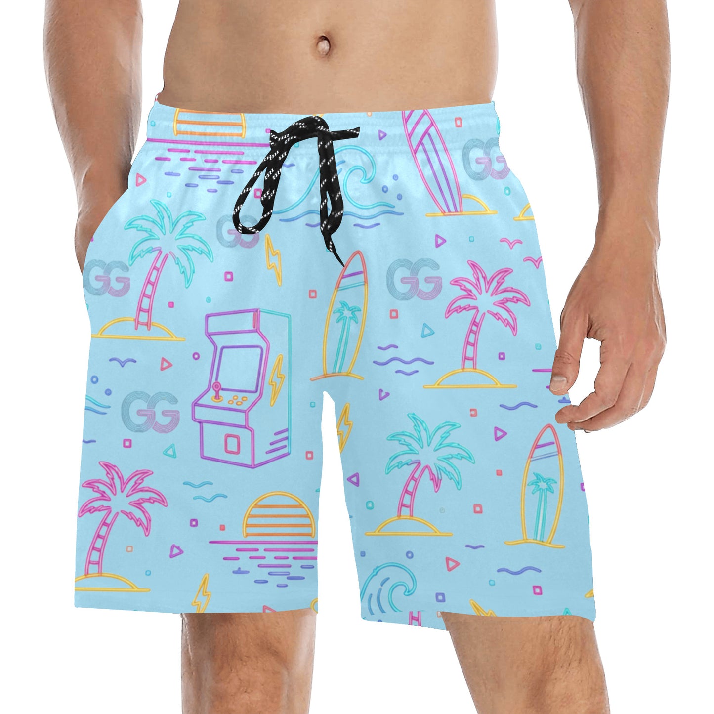 Retro Neon Arcade Gamer Beach Shorts For Men