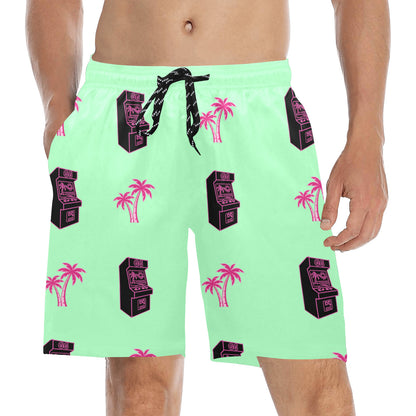 Retro Neon Pink Palm Tree Arcade Beach Shorts for Men