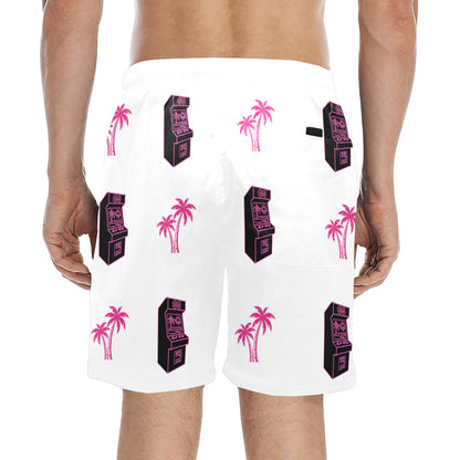 Retro Neon Pink Palm Tree Arcade Beach Shorts for Men