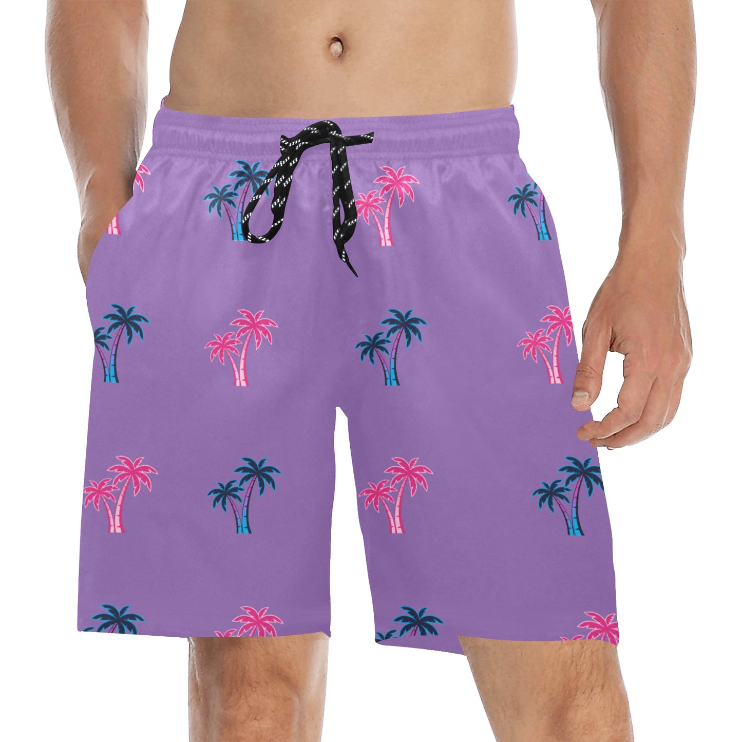 Neon Cotton Candy Pink and Blue Palm Trees Beach Shorts for Men