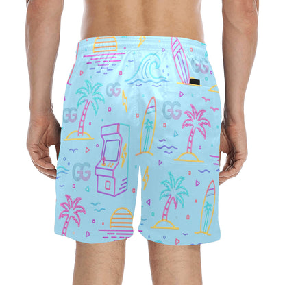 Retro Neon Arcade Gamer Beach Shorts For Men