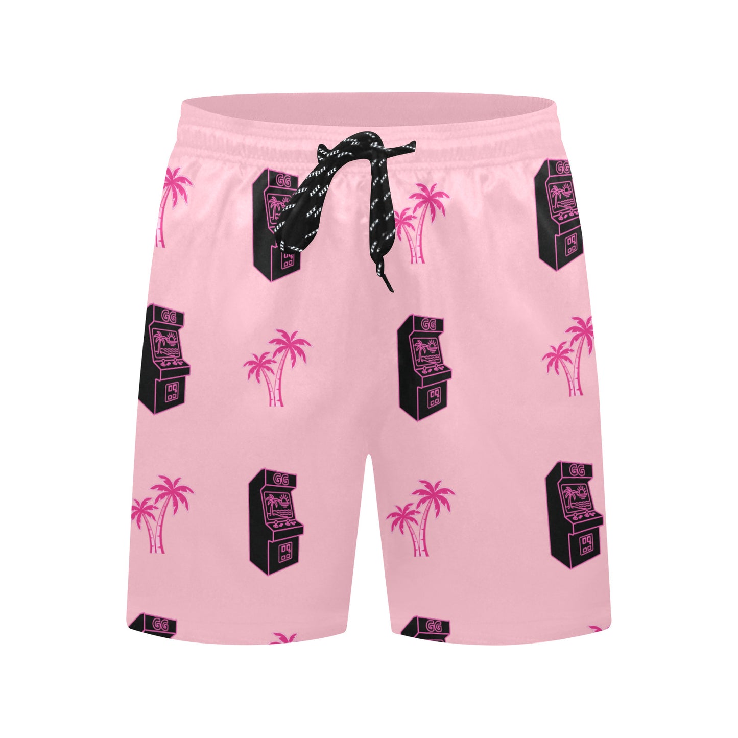 Retro Neon Pink Palm Tree Arcade Beach Shorts for Men