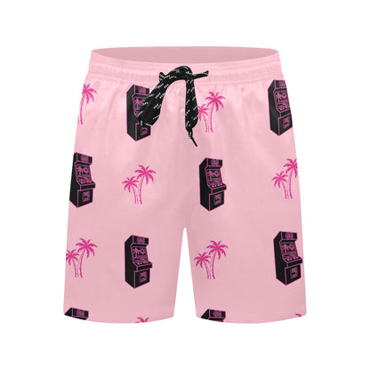 Retro Neon Pink Palm Tree Arcade Beach Shorts for Men