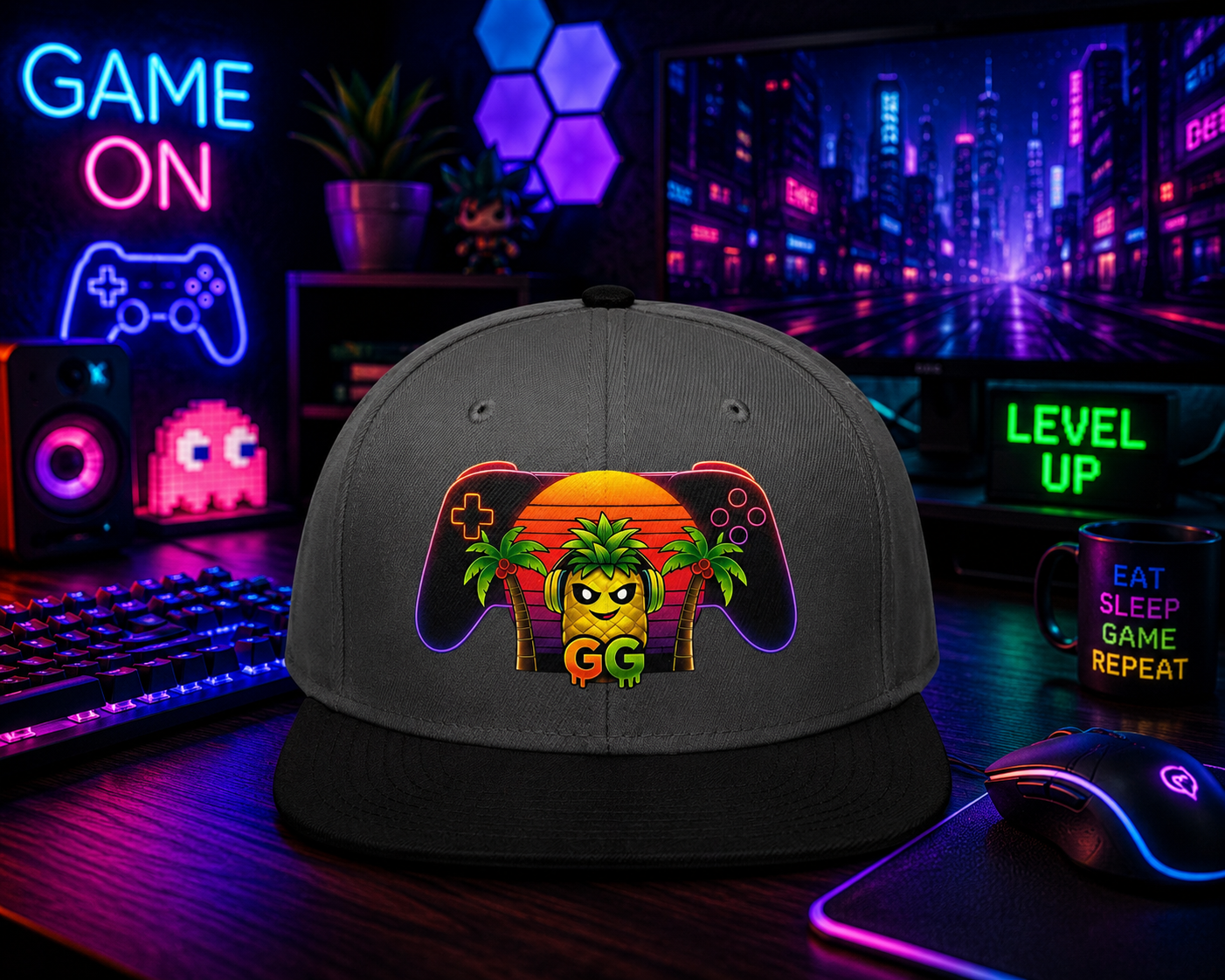 Flat Bill Hat GG Pineapple Sunset Gamer