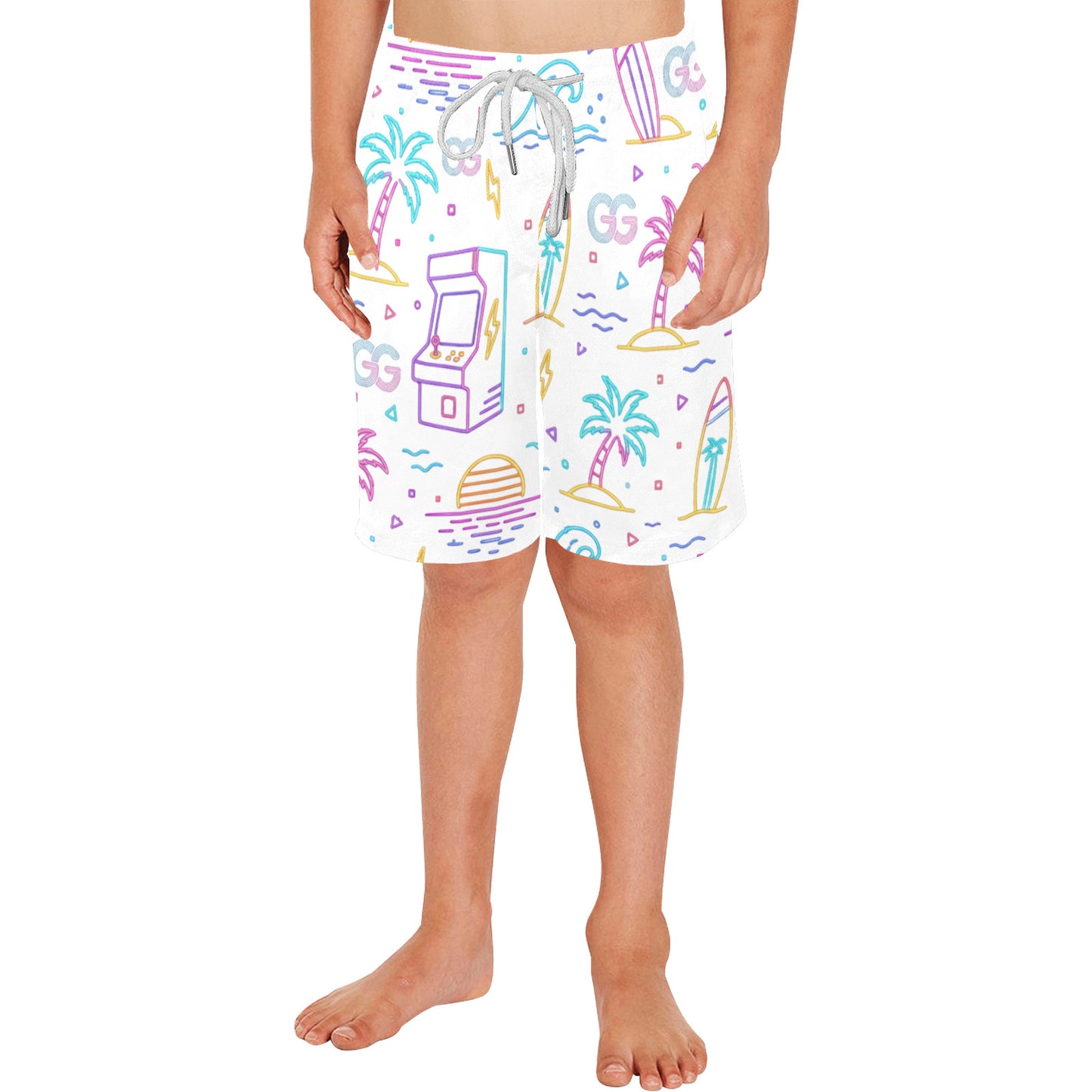 Neon Retro Arcade Gamer Beach Shorts For Boys