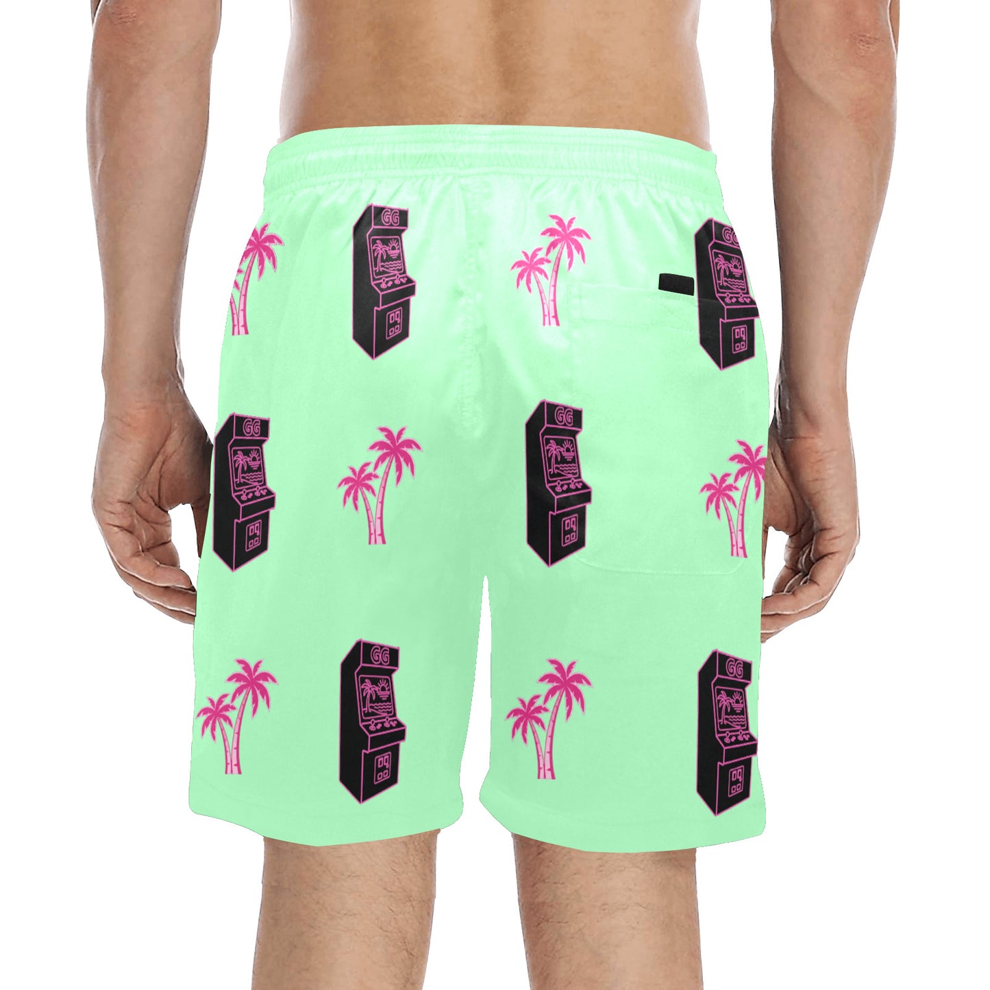 Retro Neon Pink Palm Tree Arcade Beach Shorts for Men
