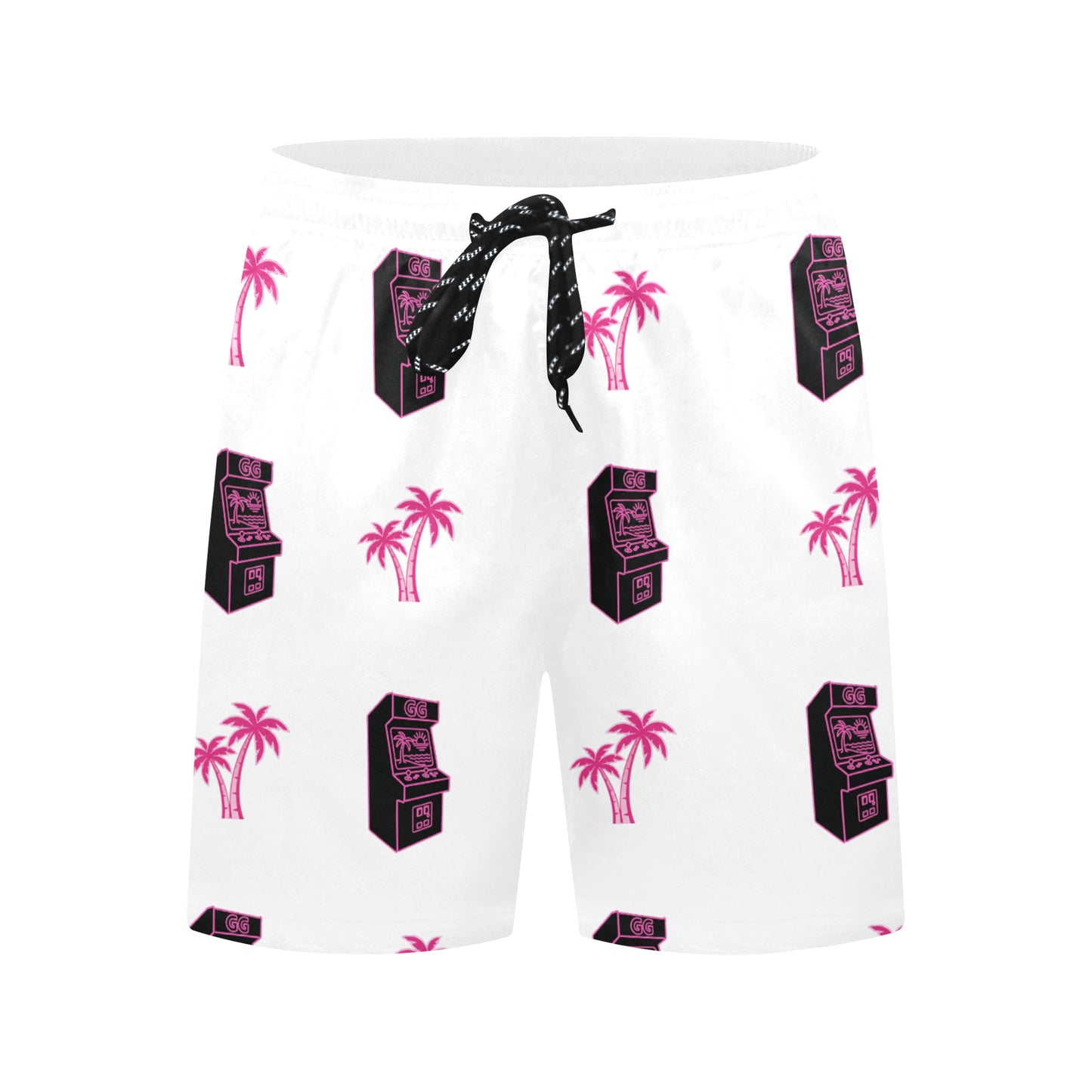 Retro Neon Pink Palm Tree Arcade Beach Shorts for Men