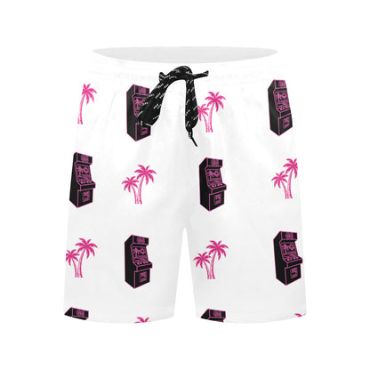 Retro Neon Pink Palm Tree Arcade Beach Shorts for Men