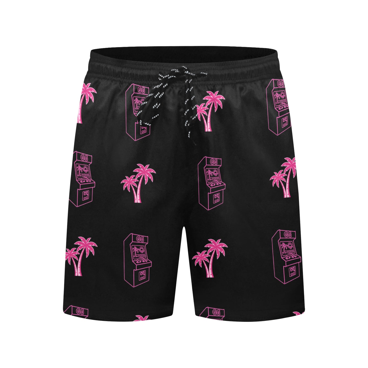 Retro Neon Pink Palm Tree Arcade Beach Shorts for Men