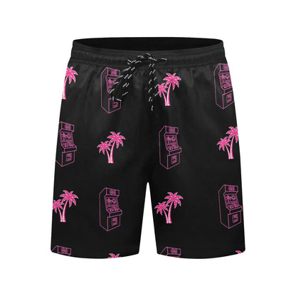 Retro Neon Pink Palm Tree Arcade Beach Shorts for Men