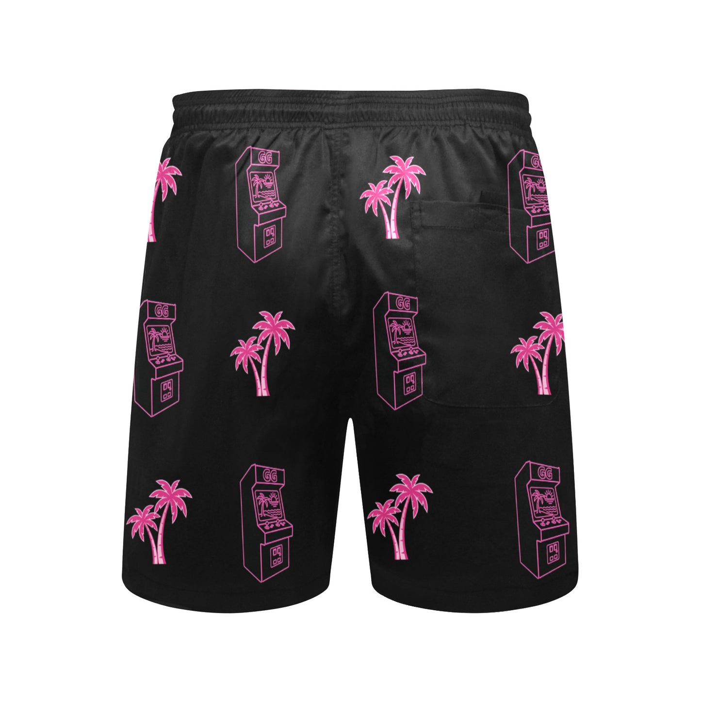 Retro Neon Pink Palm Tree Arcade Beach Shorts for Men