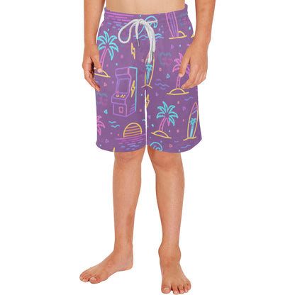 Neon Retro Arcade Gamer Beach Shorts For Boys