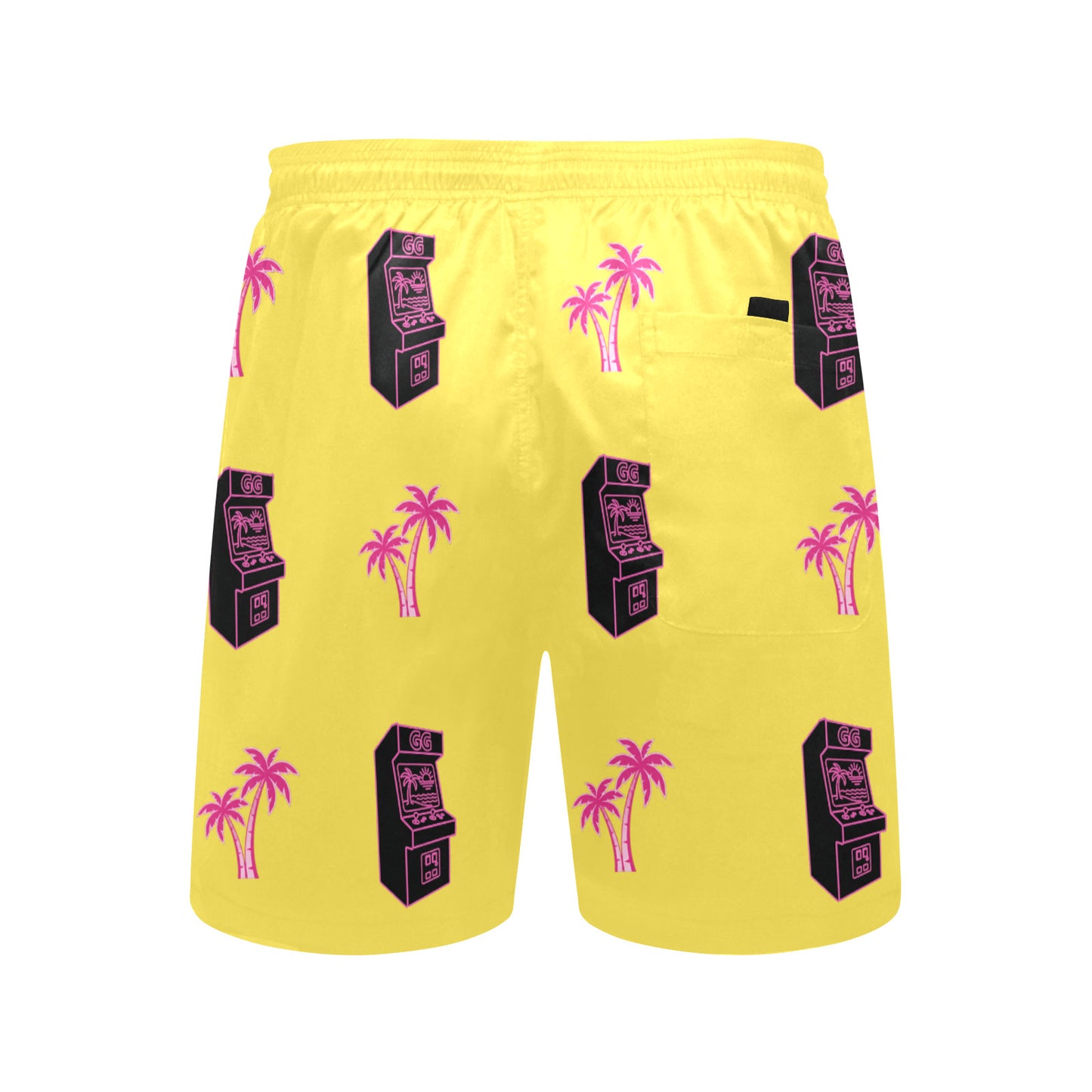 Retro Neon Pink Palm Tree Arcade Beach Shorts for Men