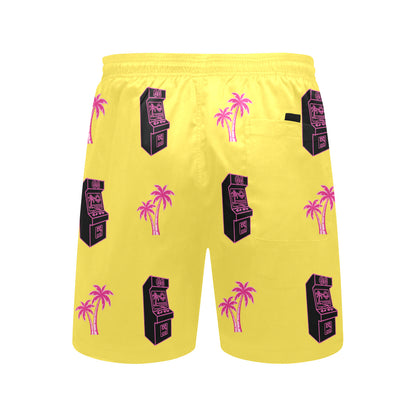 Retro Neon Pink Palm Tree Arcade Beach Shorts for Men