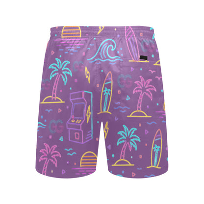 Retro Neon Arcade Gamer Beach Shorts For Men