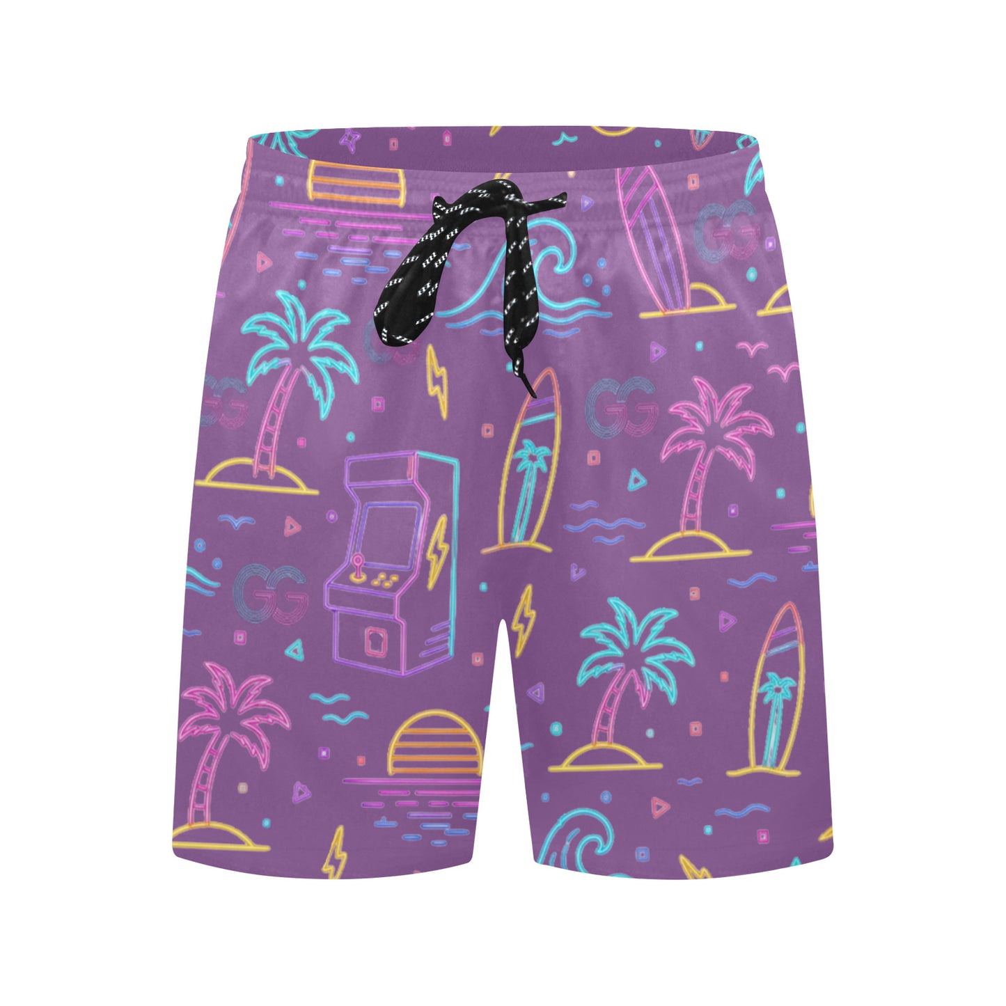 Retro Neon Arcade Gamer Beach Shorts For Men