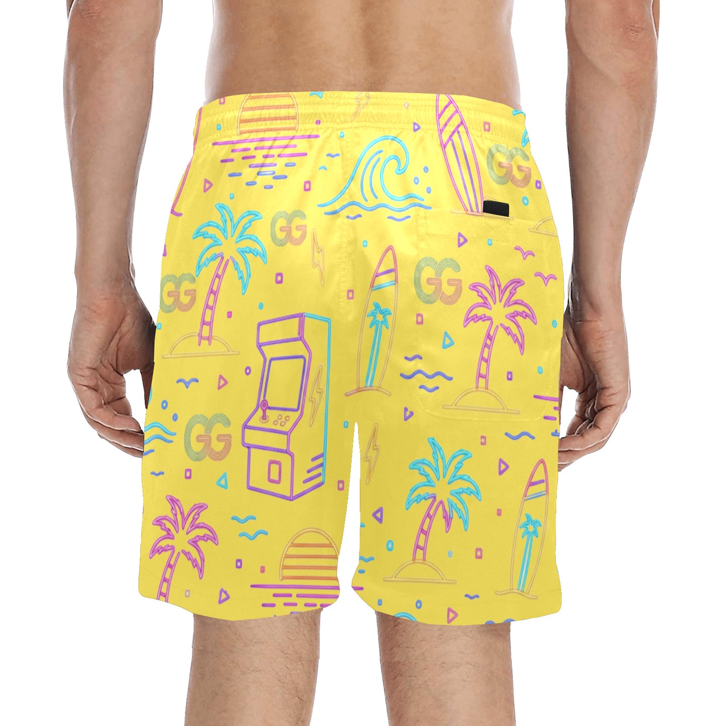 Retro Neon Arcade Gamer Beach Shorts For Men