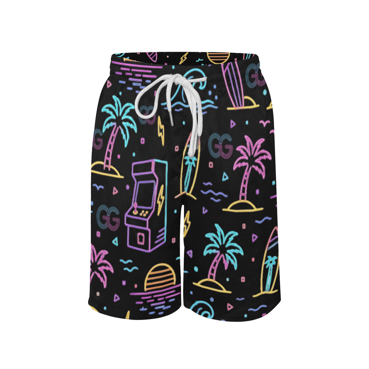 Neon Retro Arcade Gamer Beach Shorts For Boys