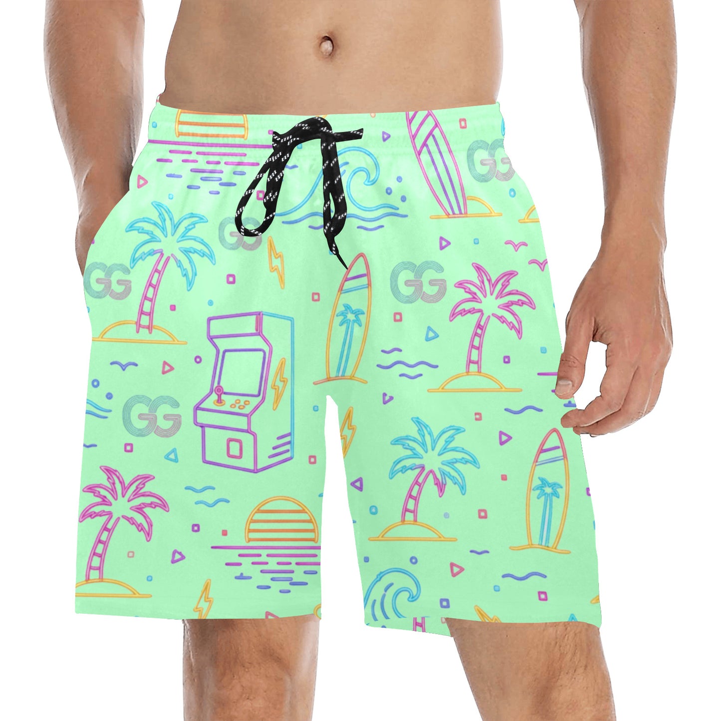 Retro Neon Arcade Gamer Beach Shorts For Men