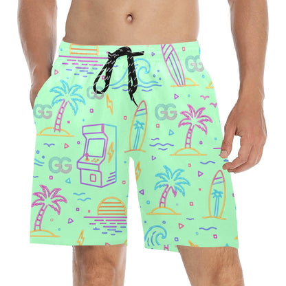 Retro Neon Arcade Gamer Beach Shorts For Men