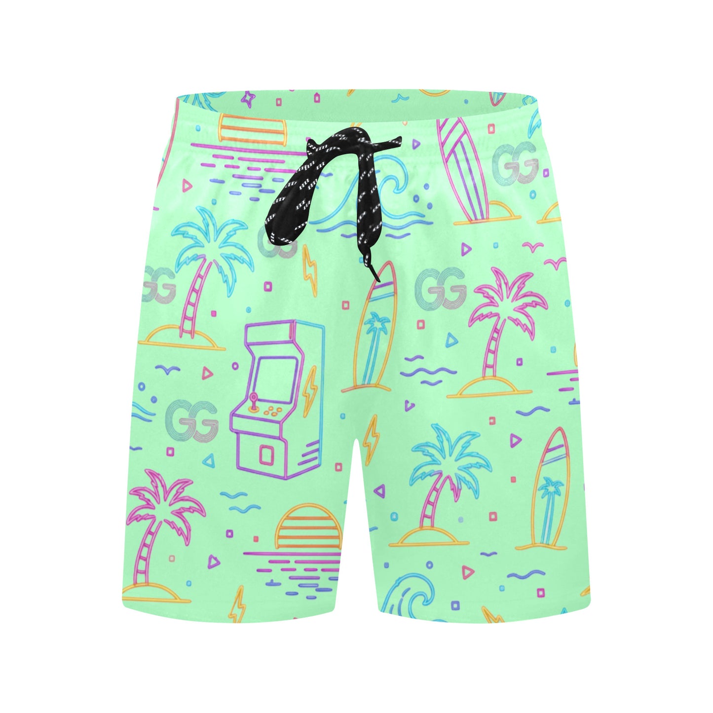 Retro Neon Arcade Gamer Beach Shorts For Men