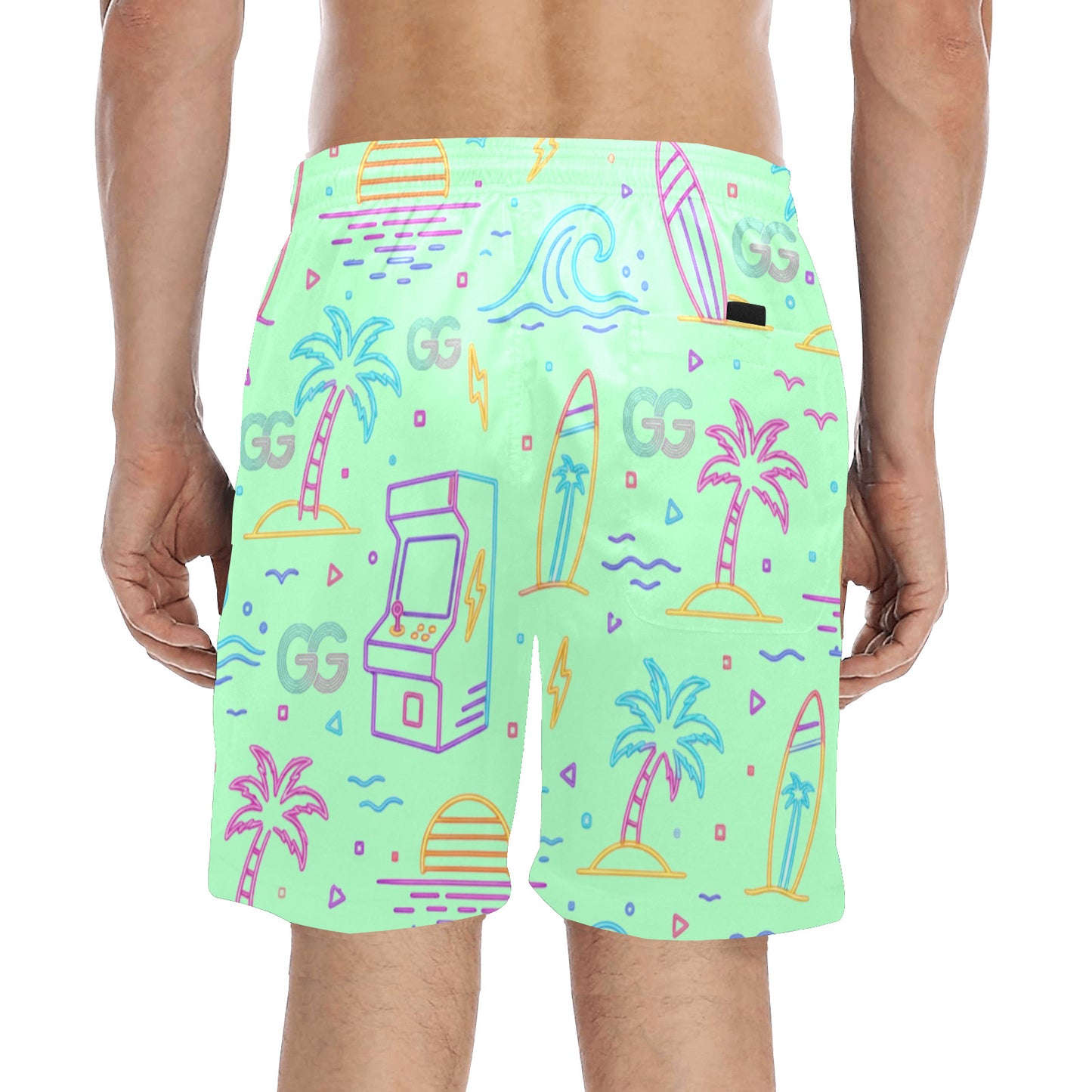 Retro Neon Arcade Gamer Beach Shorts For Men