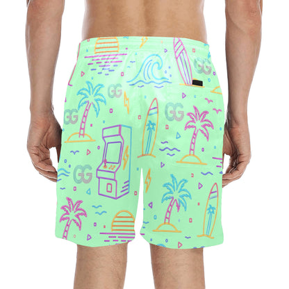 Retro Neon Arcade Gamer Beach Shorts For Men