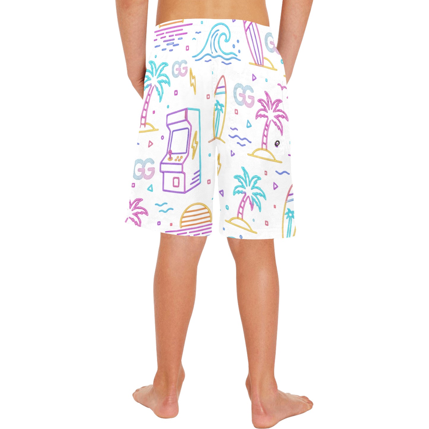 Neon Retro Arcade Gamer Beach Shorts For Boys