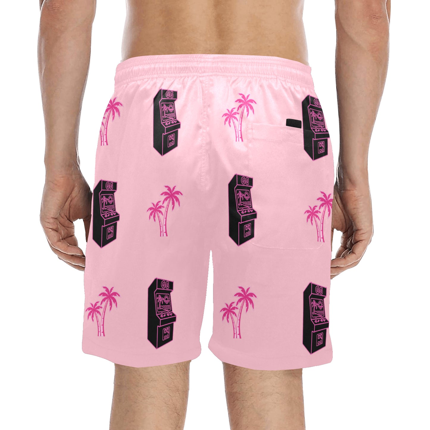 Retro Neon Pink Palm Tree Arcade Beach Shorts for Men