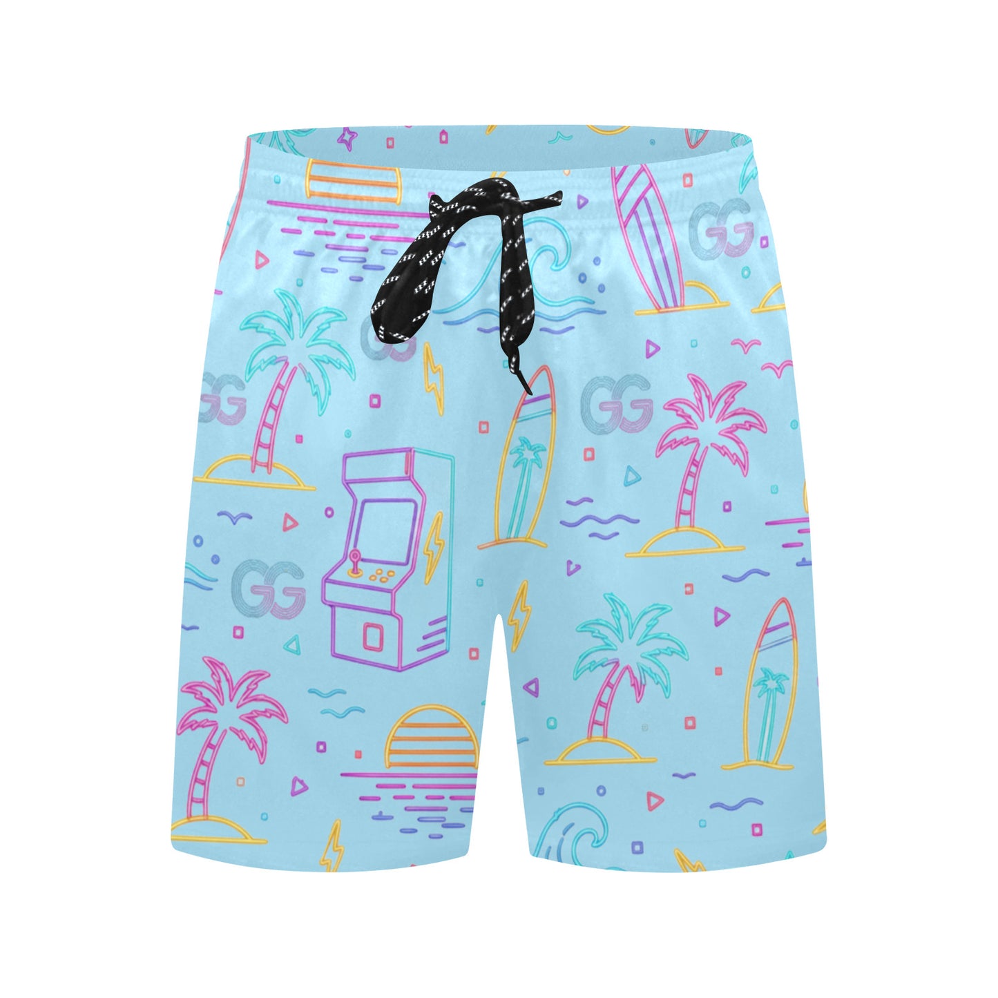 Retro Neon Arcade Gamer Beach Shorts For Men