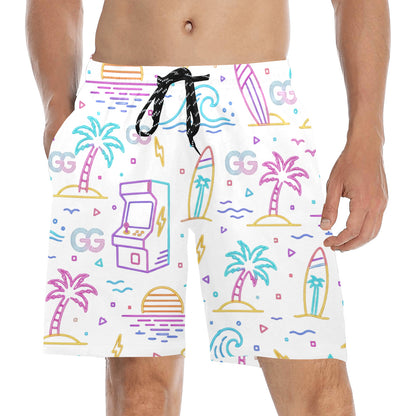 Retro Neon Arcade Gamer Beach Shorts For Men