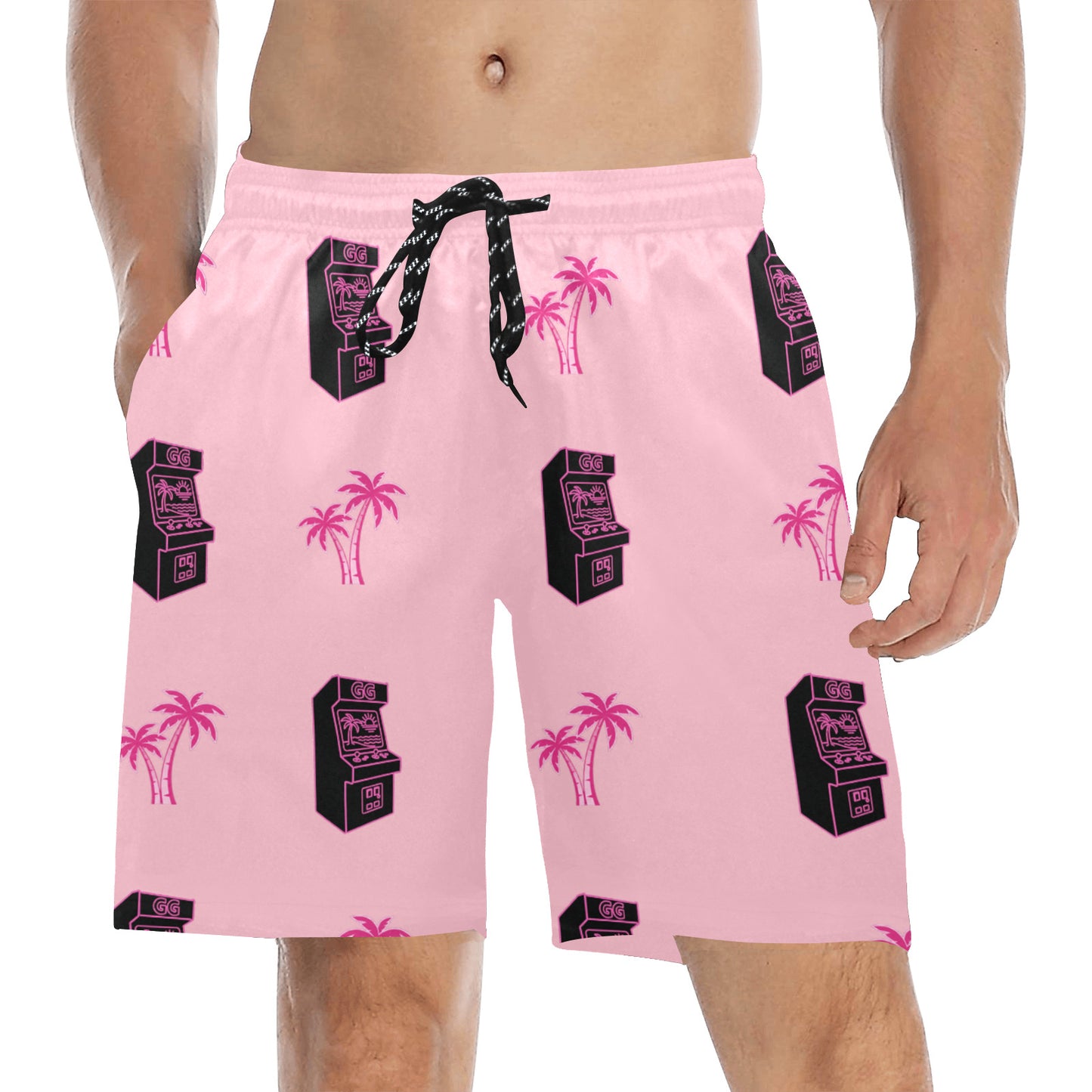 Retro Neon Pink Palm Tree Arcade Beach Shorts for Men