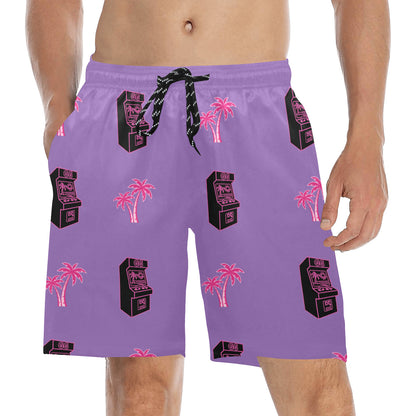 Retro Neon Pink Palm Tree Arcade Beach Shorts for Men