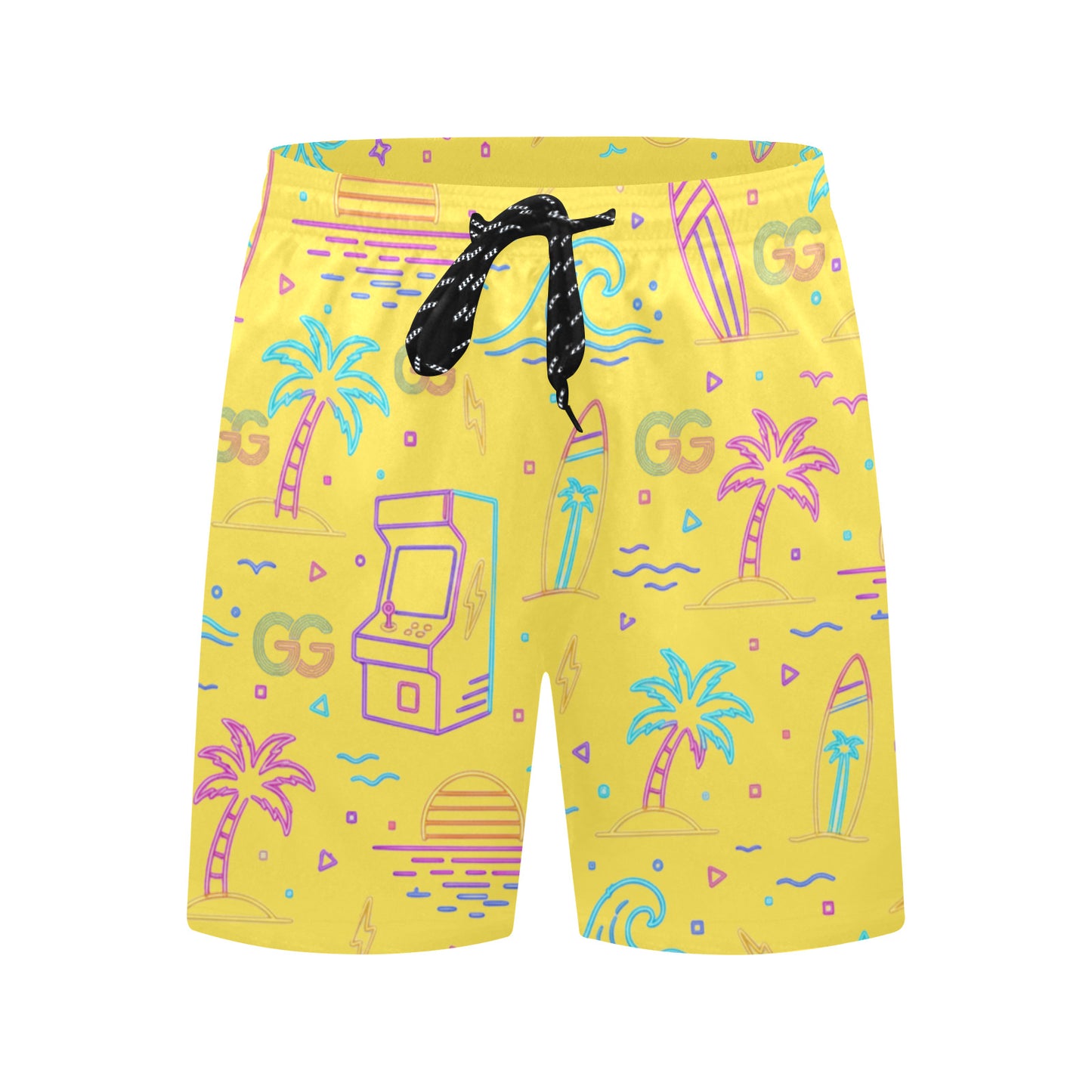 Retro Neon Arcade Gamer Beach Shorts For Men