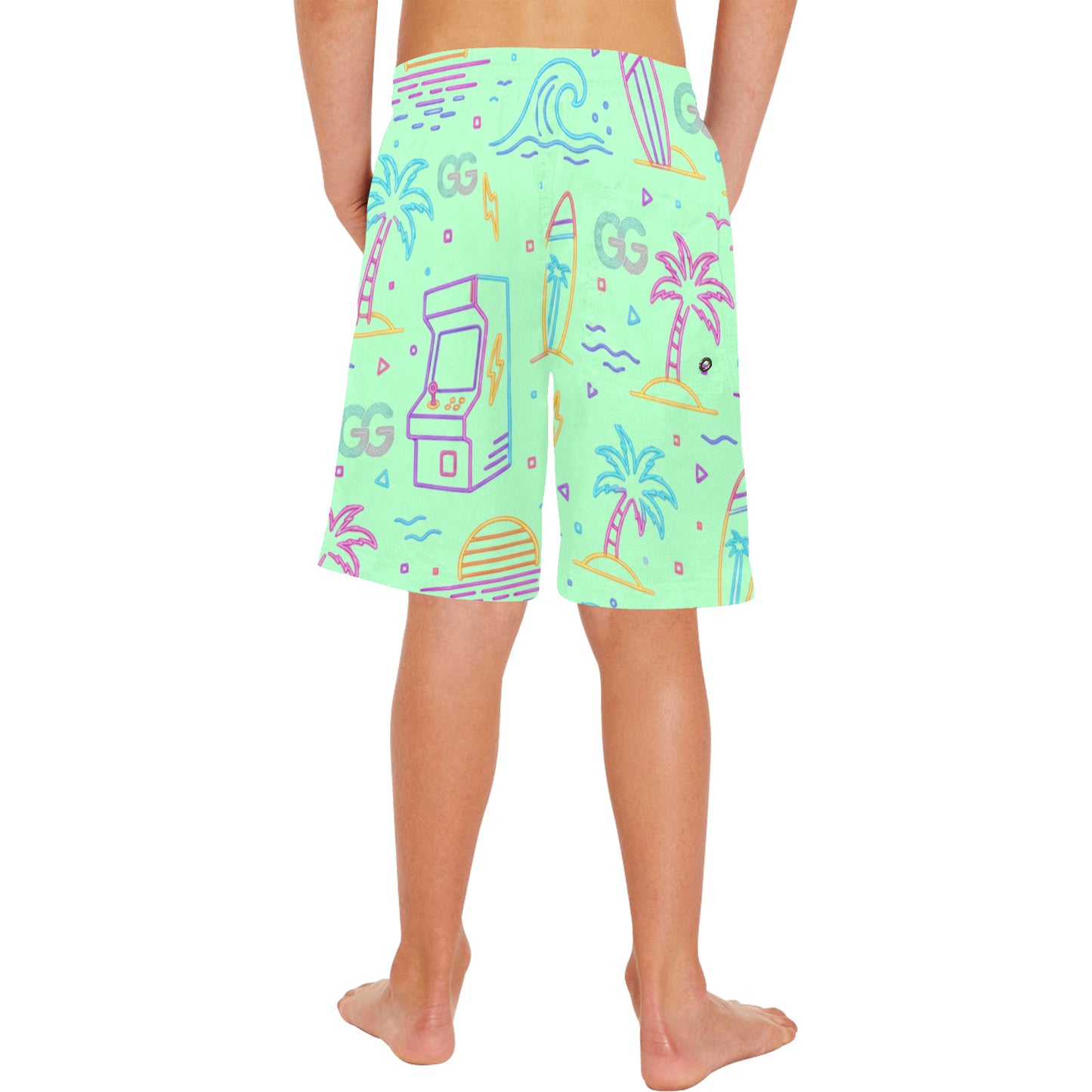 Neon Retro Arcade Gamer Beach Shorts For Boys