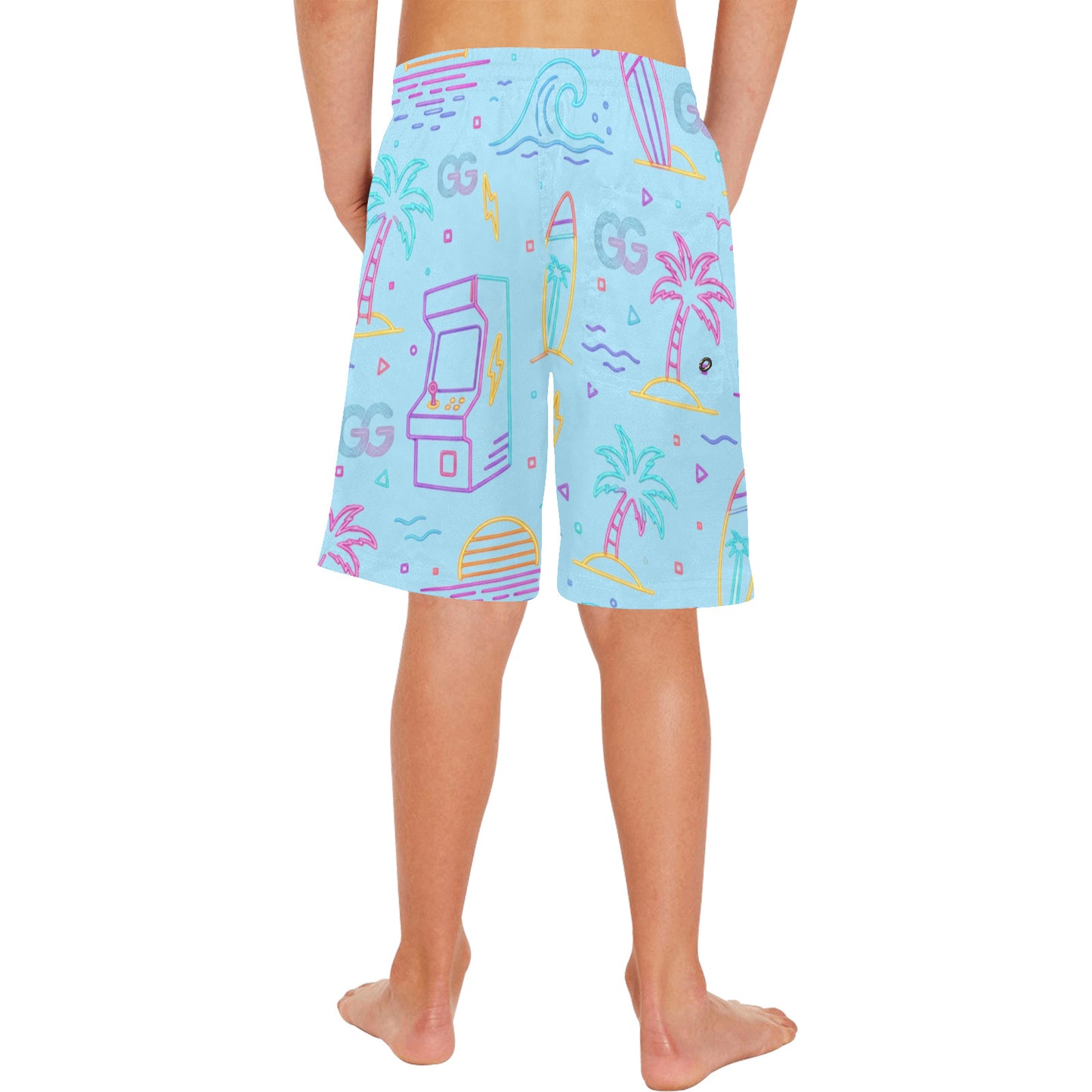 Neon Retro Arcade Gamer Beach Shorts For Boys