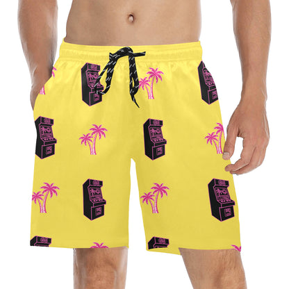 Retro Neon Pink Palm Tree Arcade Beach Shorts for Men
