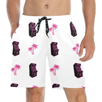 Retro Neon Pink Palm Tree Arcade Beach Shorts for Men