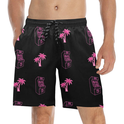 Retro Neon Pink Palm Tree Arcade Beach Shorts for Men