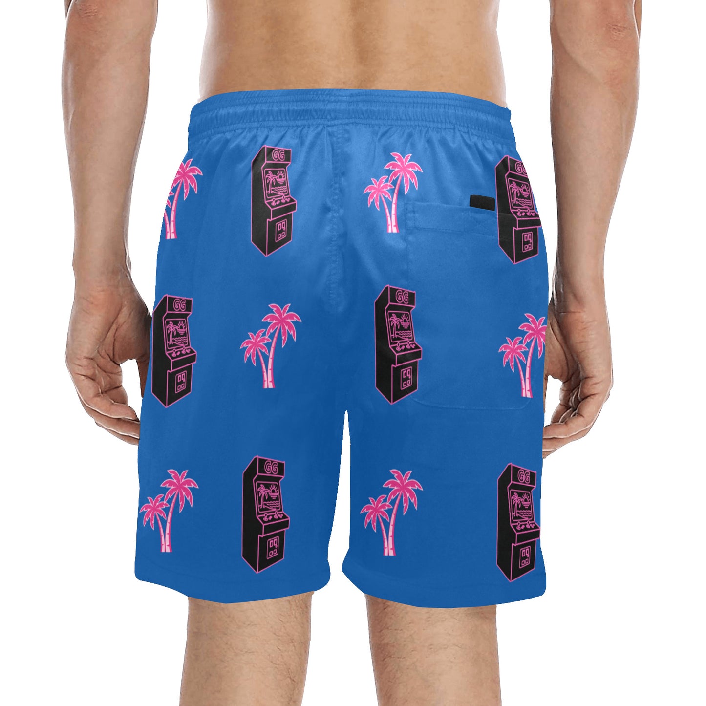 Retro Neon Pink Palm Tree Arcade Beach Shorts for Men