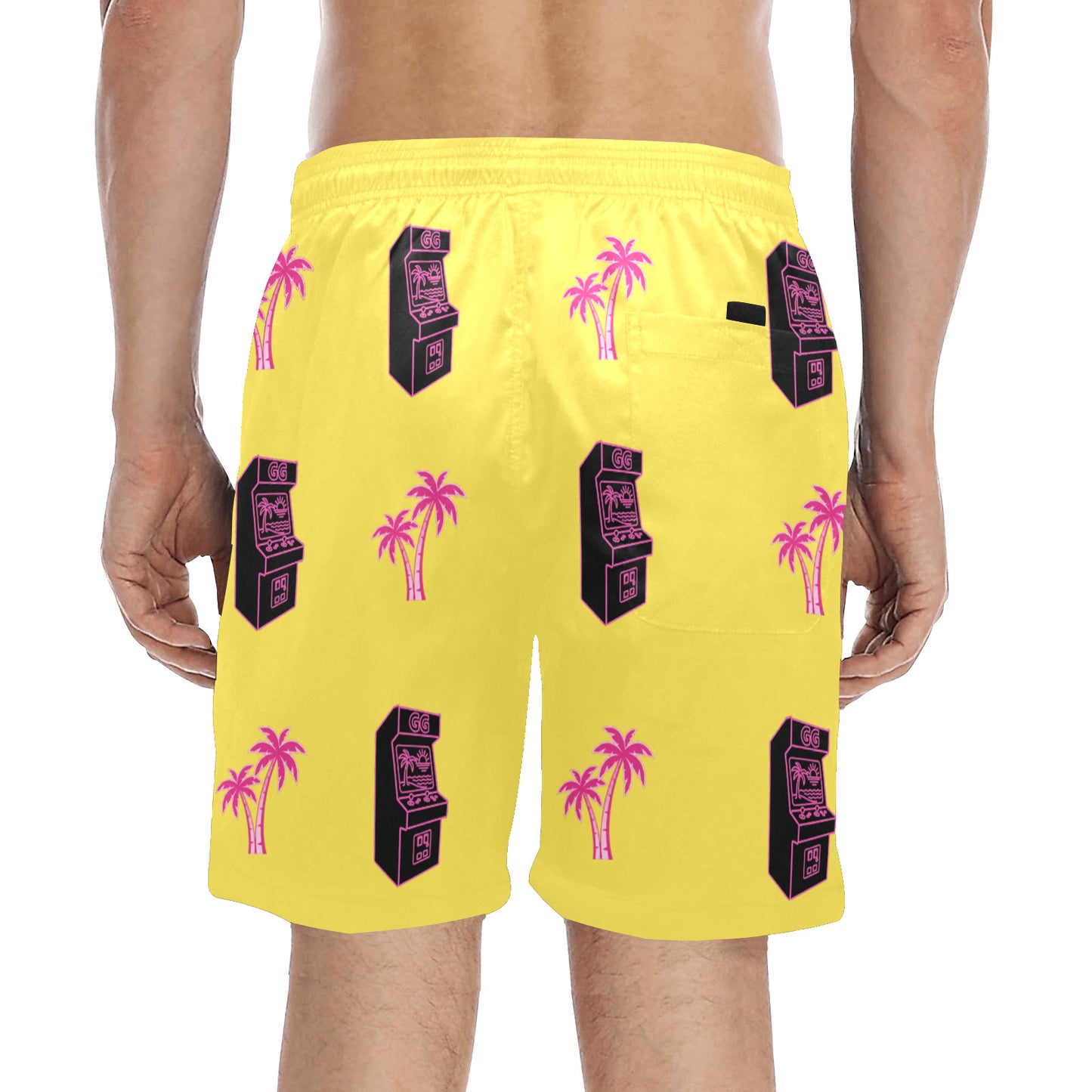 Retro Neon Pink Palm Tree Arcade Beach Shorts for Men