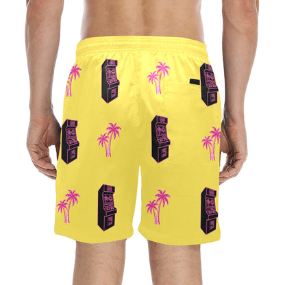 Retro Neon Pink Palm Tree Arcade Beach Shorts for Men